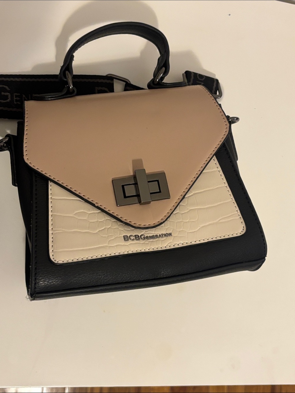 BCBG Black Beige Cream Crossbody Bag with Logo Strap